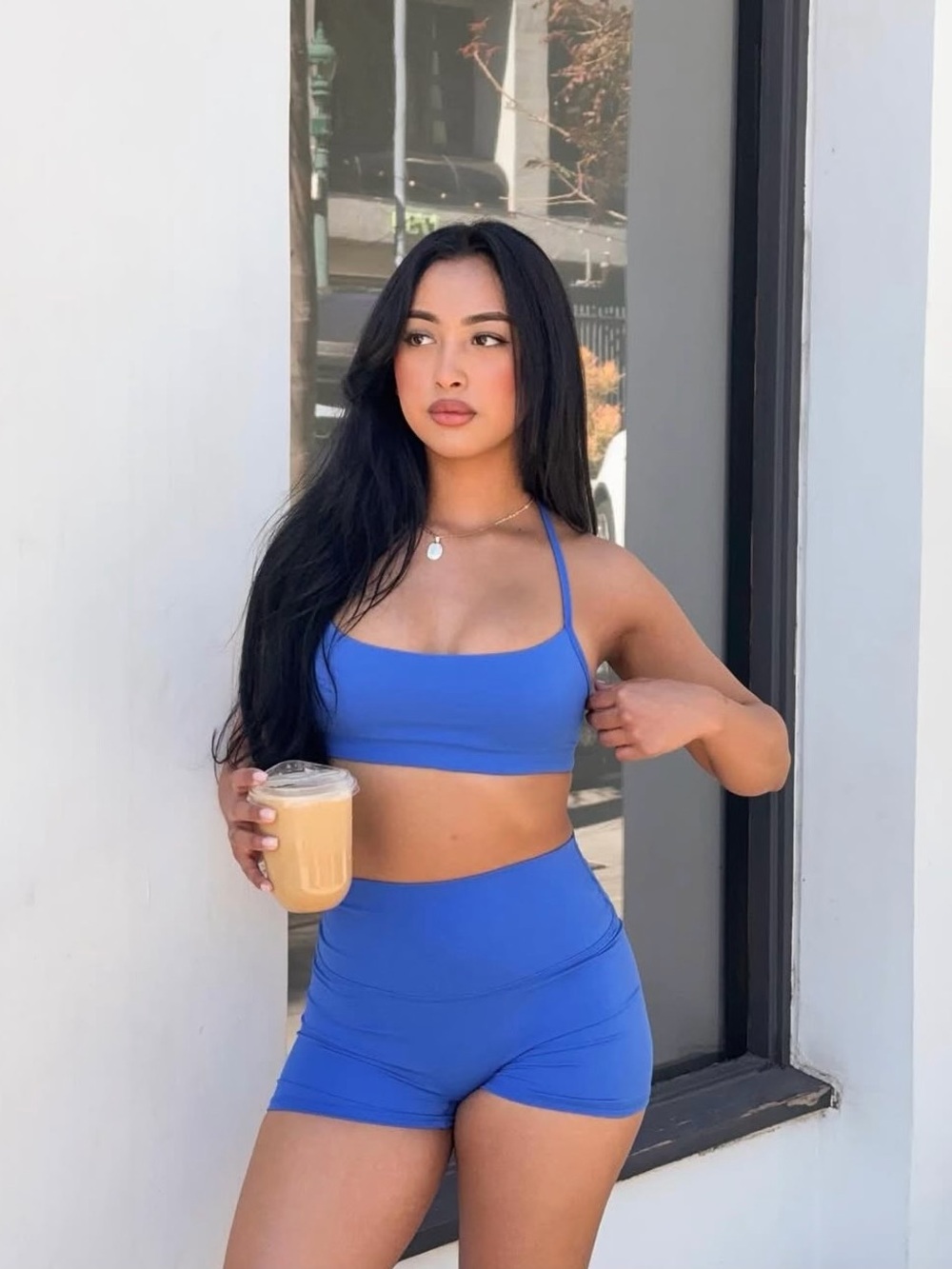Garage Electric Blue Strappy Sports Bra & High-Waist Shorts